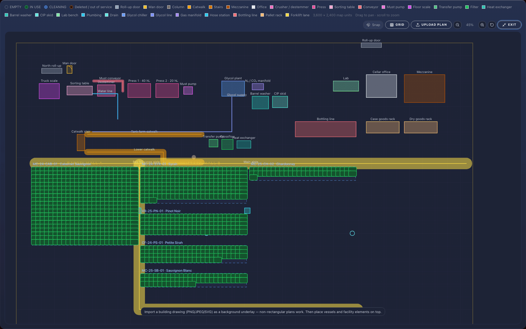 EleVint ERP cellar map with lots stacked on a facility floor plan