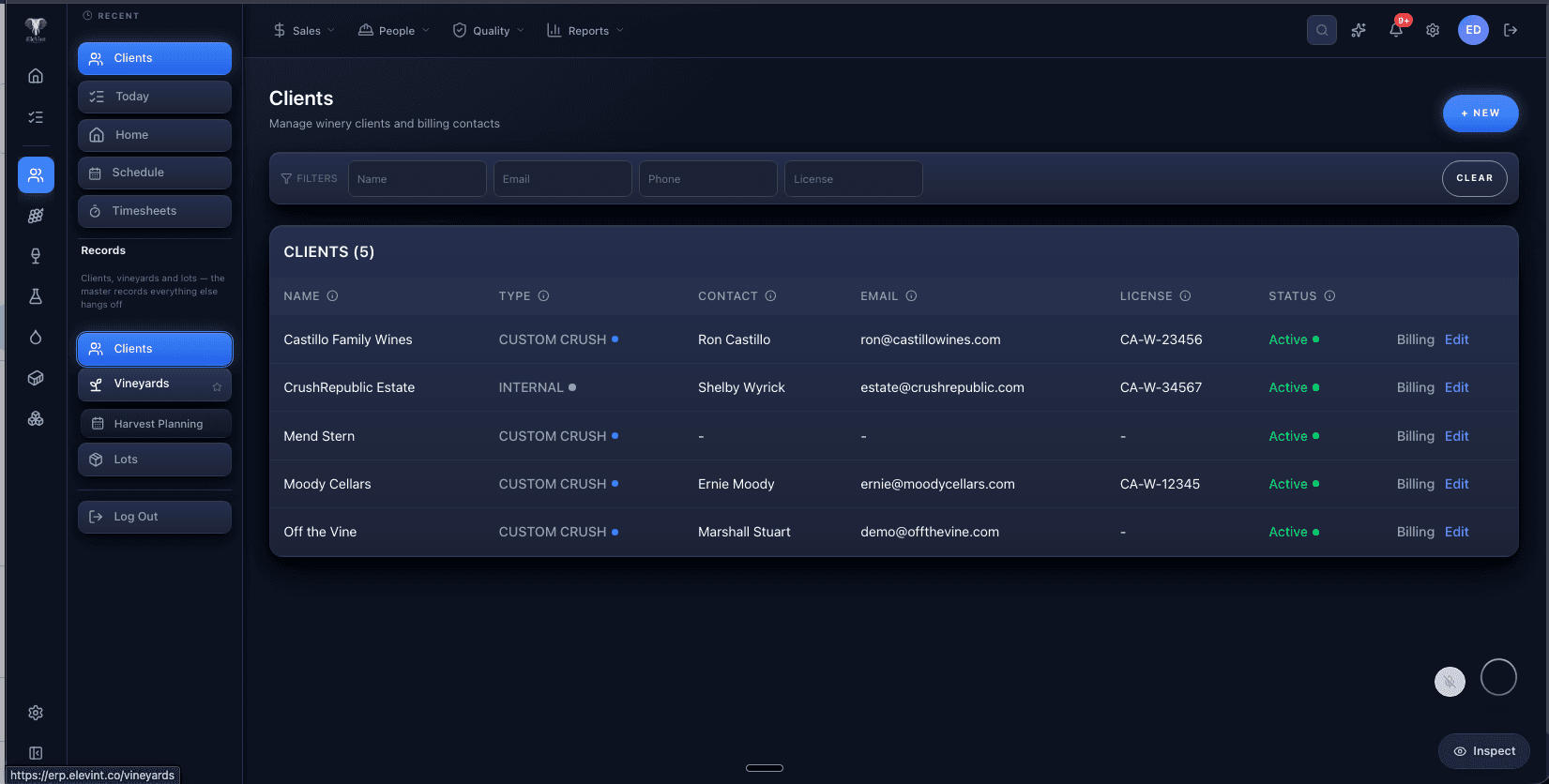 EleVint ERP clients list with custom-crush and internal clients, licenses, and status