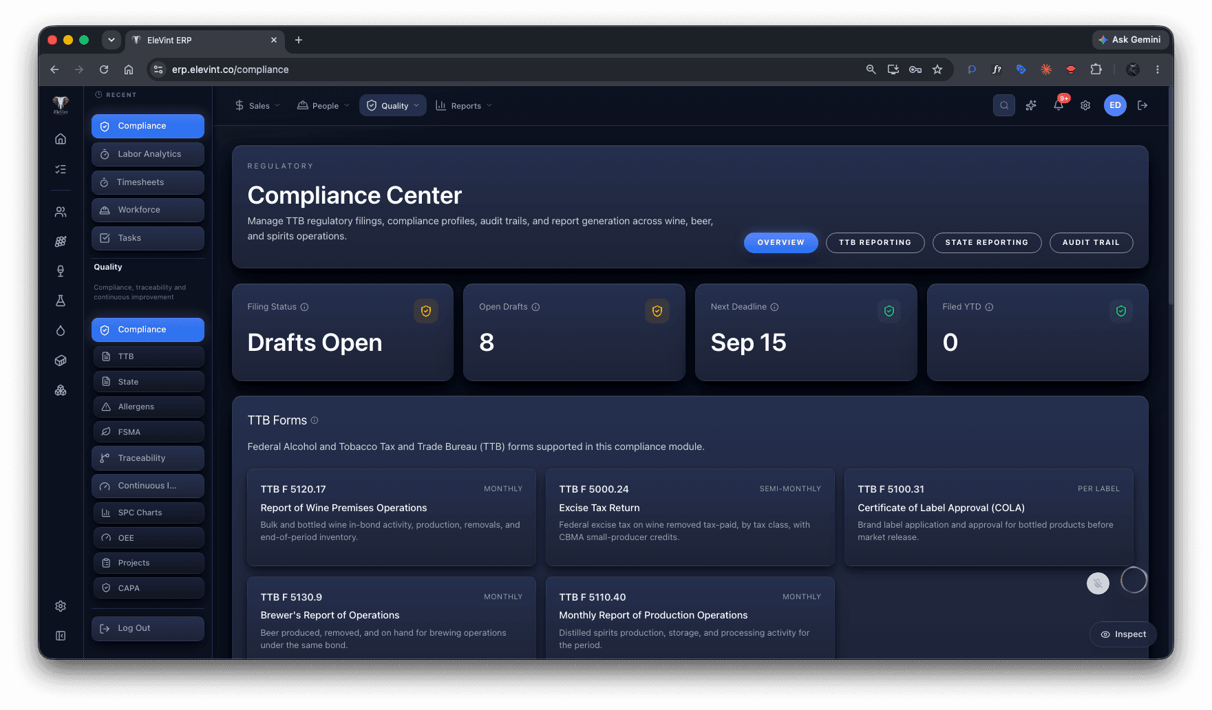 EleVint ERP Compliance Center with TTB forms and filing status