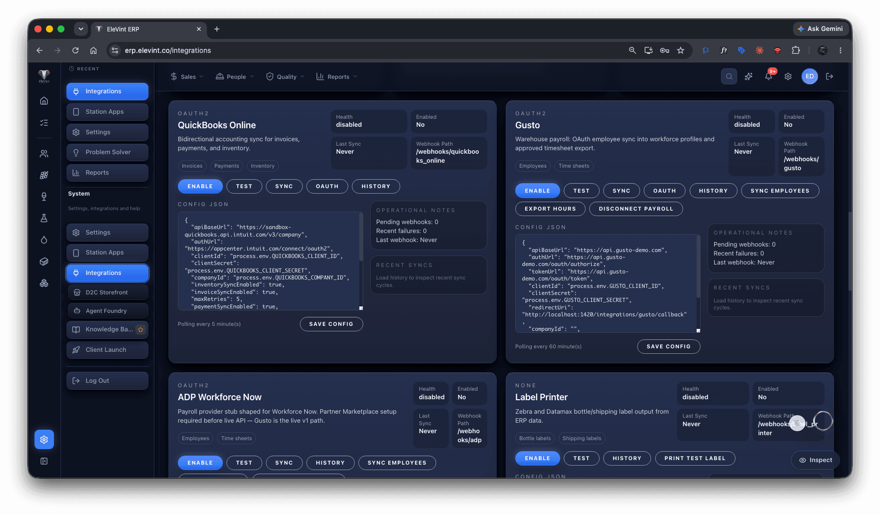 EleVint ERP integrations for accounting, payroll, and label printers