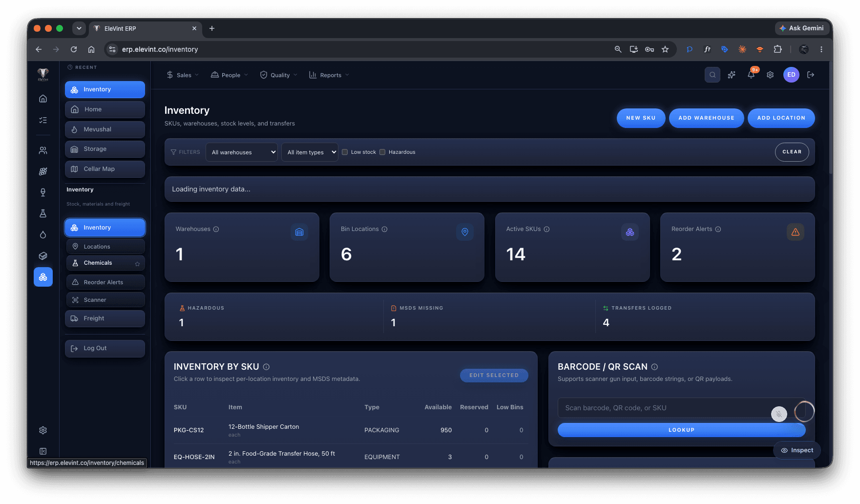 EleVint ERP inventory with SKUs, warehouses, and reorder alerts