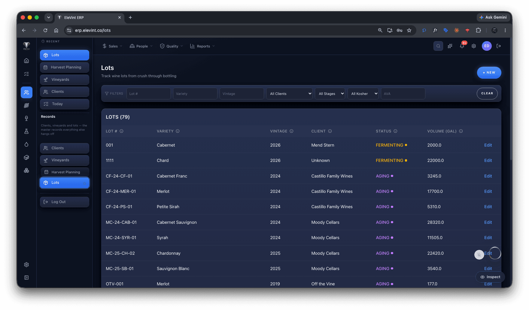 EleVint ERP lots table tracking variety, vintage, client, stage, and volume
