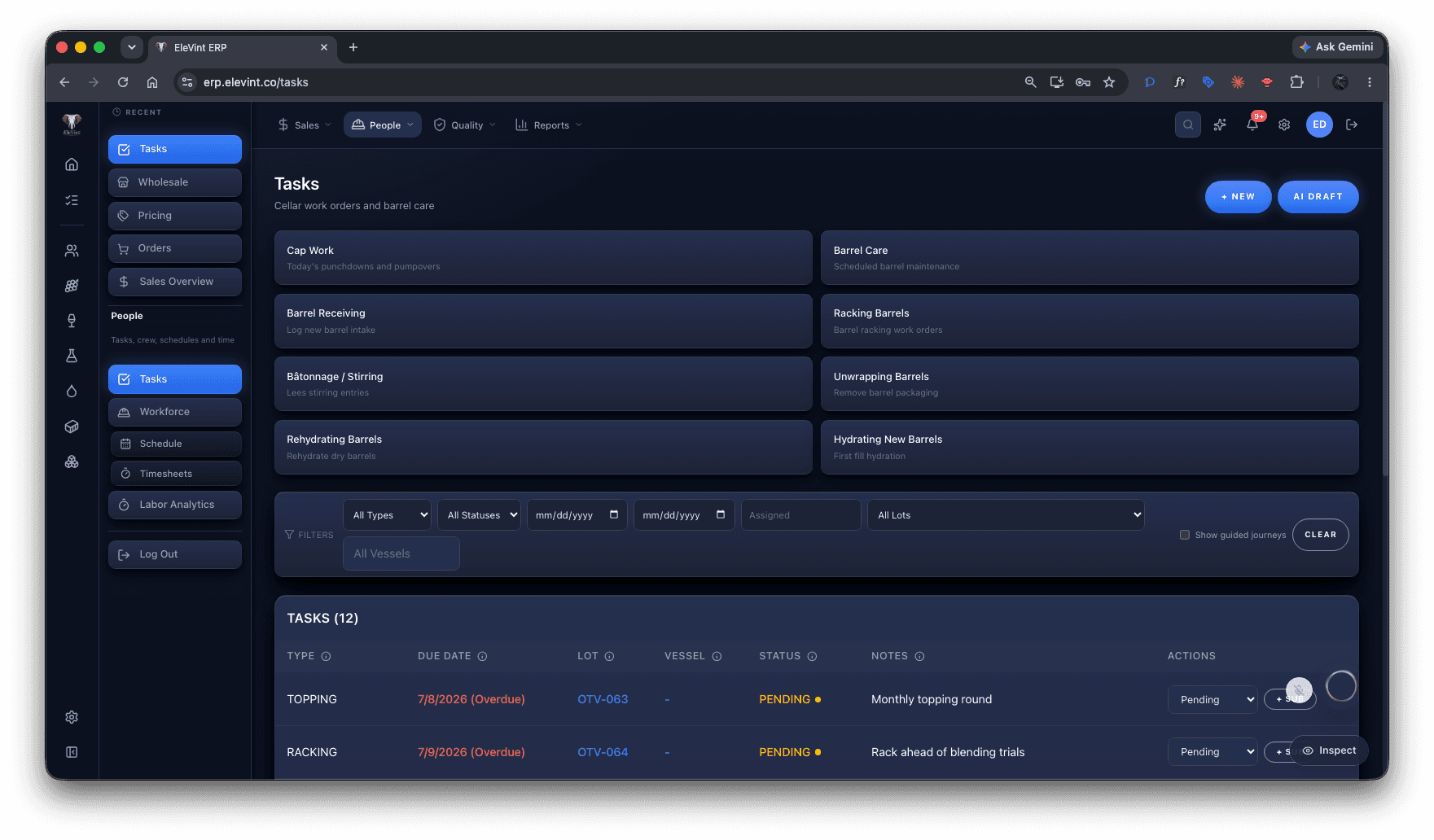 EleVint ERP cellar task queue with owners and due dates